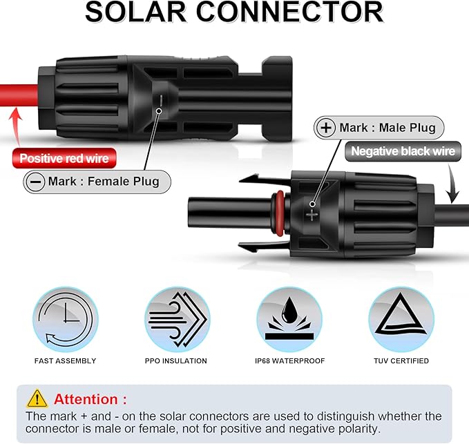 iGreely 3 Feet 10AWG Solar Extension Cable with Solar Panel Female and Male Connector Solar Panel Adapter (3FT Red + 3FT Black)