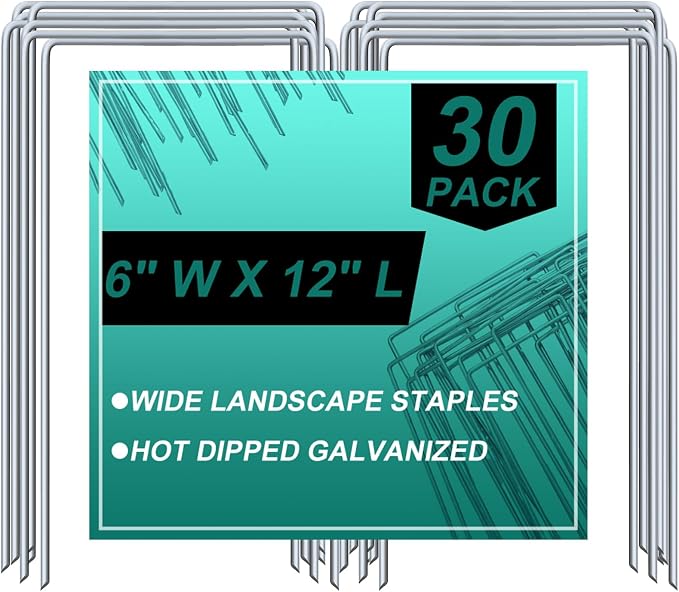 Wonderjune 30 Pack Heavy Duty Wide Landscape Staples, 7 Gauge Galvanized Steel Turf Stakes Garden Stakes Bulk, U Type Anchor for Grass, Securing Weed Barrier Fabric, Pipes, Sod (12"x6")