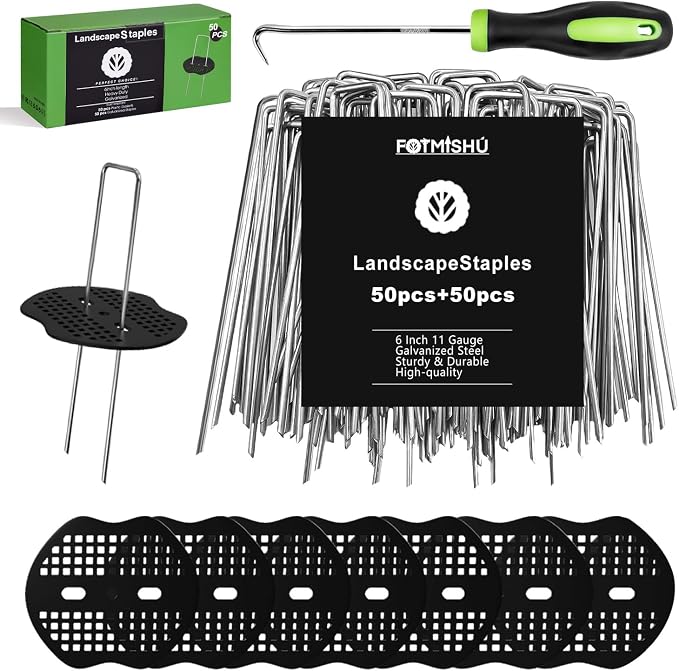 Landscape Staples 6 Inch 50Pcs Garden Stakes +50pcs Gasket, Galvanized Lawn Pins Spray Coating Yard Ground Spikes, U-Type Staples for Weed Barrier Anchoring Outdoor Tents Hoses