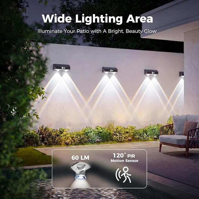 kolpop 4 Pack Solar Fence Lights Outdoor with 3 Modes Motion Sensor,IP65 Waterproof,1200mAh 60LM Bright LED Solar Lights for Fence,Patio,Backyard,Wall,Nighttime,Party(Cool White)
