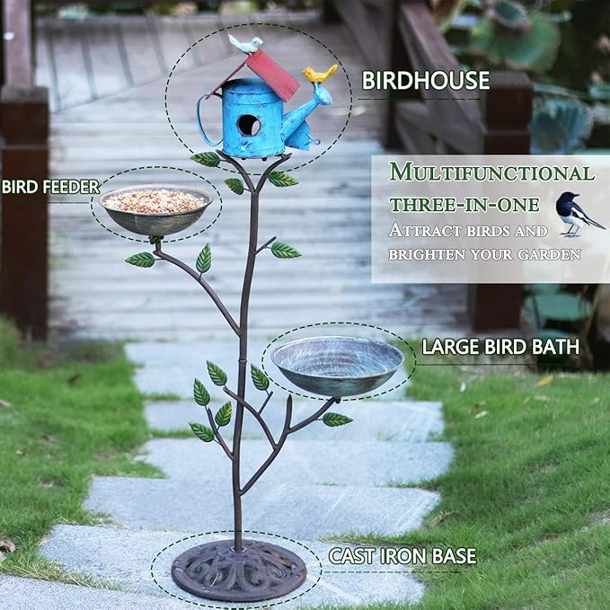 39" H Metal Birdhouse Outdoor, Birdhouse Pole – Integrates Bird Feeder and Bird Bath, 3-in-1 Multi-Functional for Yard Decorations Outdoor, Cast Iron Base