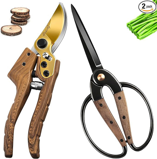 2Pack Garden Pruning Shears Set: Ultra Sharp SK5 Blade Gardening Shears & Precision Garden Scissors,Wood Like&Wide Walnut Ergonomic Handle,Perfect for Plant,Bonsai,Shrub,floral,Branch Trimming