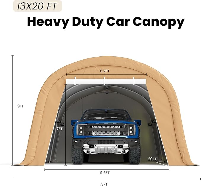 COSIEST 13'×20' Storage Shelter Outdoor Round Carport, Heavy-Duty Garage Canopy with Dual Roll-Up Doors Weatherproof PE Cover, Multi-Purpose Vehicle/Tractor Shed for Backyard/Driveway/Farm(Beige)