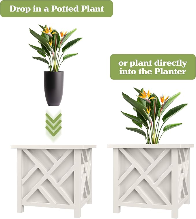 Lattice Design Outdoor Planter Box 2-Pack - 15.5” Square 16.5” Tall White Decorative Plant Pots for Front Porch Decor - Flower Pots Outdoor Planters for Porch Patio or Garden Decor by Pure Garden