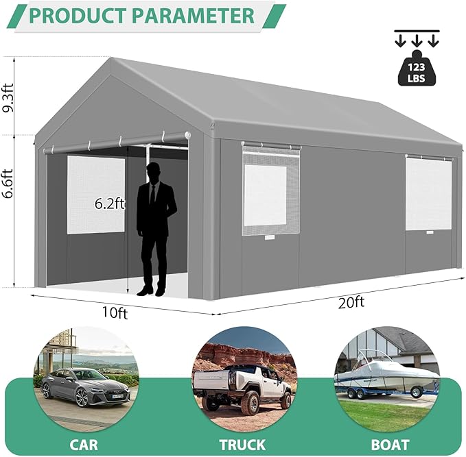 COBIZI Carport 10'x20' Heavy Duty Portable Garage, 2.0 Powder Coated Frame(Better Than Galvanized), Waterproof Shelter with Removable Sidewalls & Windows, Built-in Sandbags, for Car/Boat/SUV, Gray