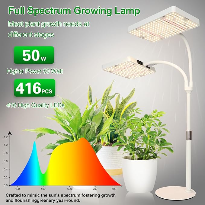 2Head Tabletop Grow Light, Bright and Big Coverage Grow Lights for Seed Starting, Bonsai, Succulent, 4/8/12/16/20H Timer, 50 Watt Power Draw, NO Need Adapter, 16"-24" Height Adjustable