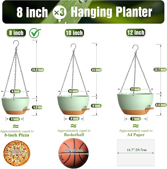 8 Inch Self Watering Hanging Planters, 3 Pack Plastic Plant Pots | Sturdy lightweight pot with side watering lip, drainage holes, snap-on detachable tray & hanging chain for easy care