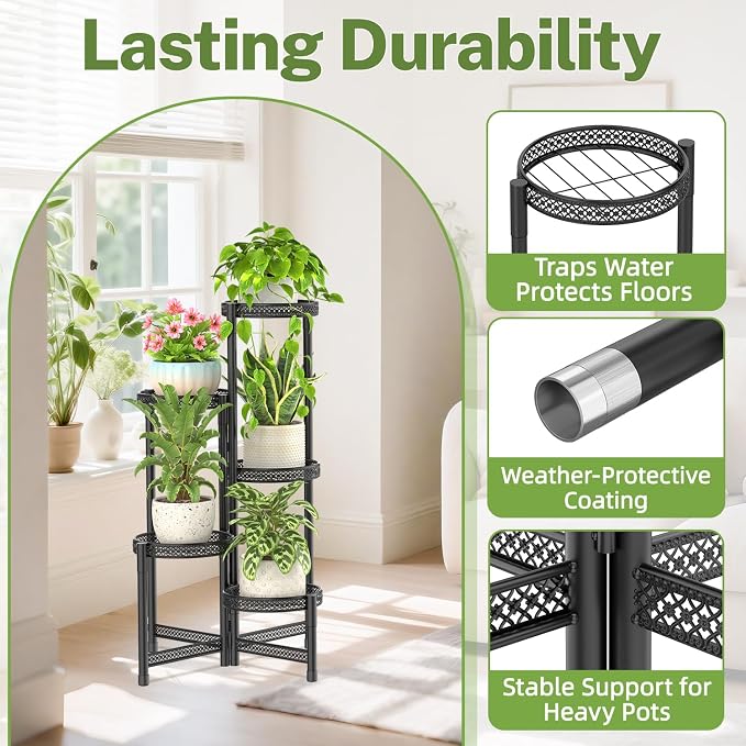 iDavosic.ly Plant Stand Indoor Outdoor, 5 Tier Corner Metal Flower Display Holder Shelf, Folding Tall Orchid Rack for Patio Balcony Porch Garden Living Room House, Wrought Iron - Modern Black