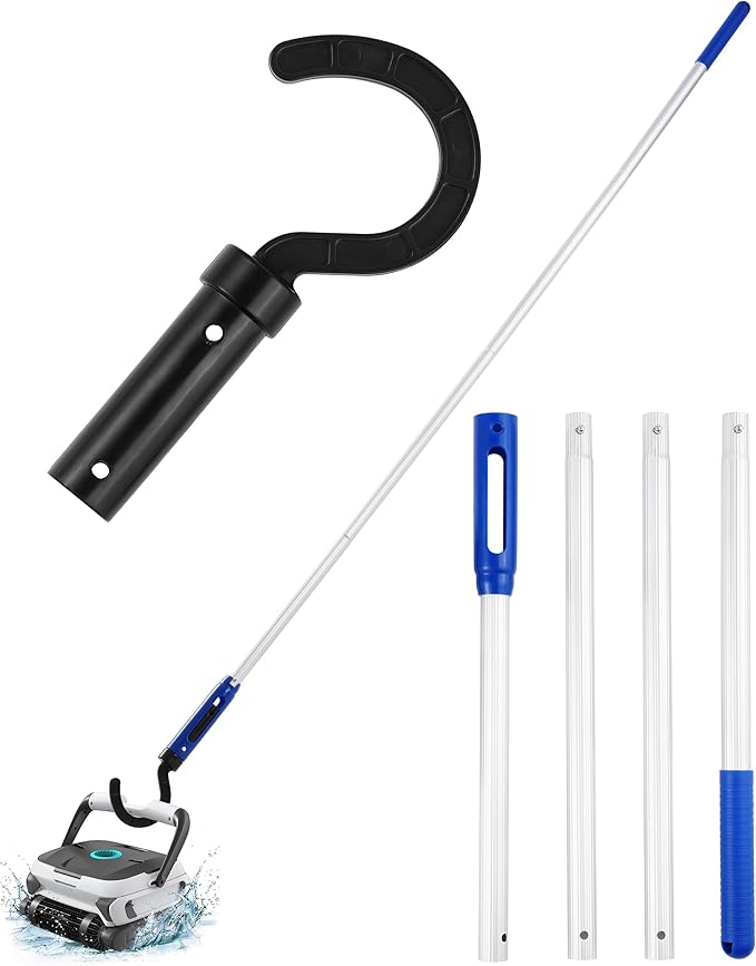 Pool Robot Retrieval Hook - 49.21 Inch Adjustable Stainless Aluminum Pole, Heavy-Duty Detachable Hook for Pool Robot Vacuum Robotic Pool Cleaner Including Cordless/Above Ground/Underwater Cleaners