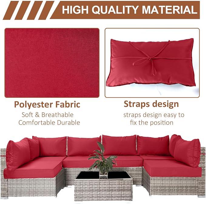 14 Piece Outdoor Patio Cushion Covers Replacement, Waterproof Outdoor Furniture Cushion Covers, Fit 7 Pcs 6 Seater Wicker Rattan Patio Conversation Sofa Set,Red,25.6x25.6