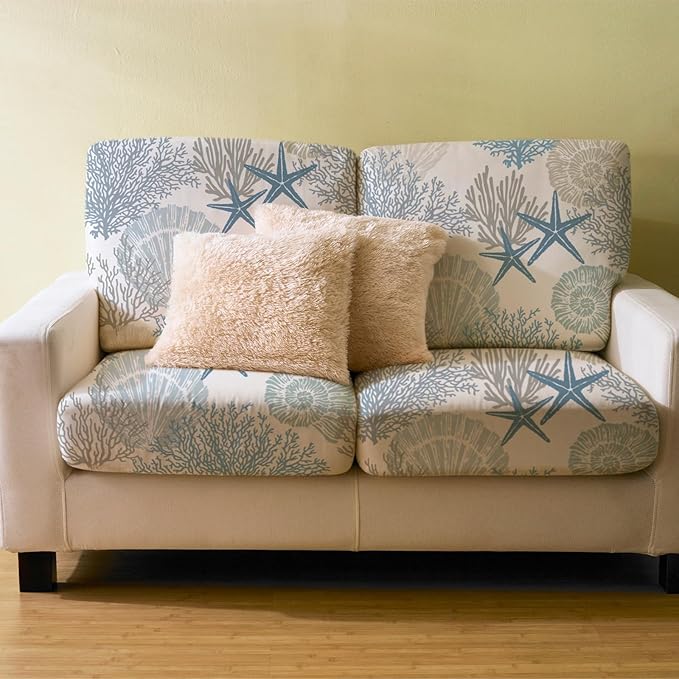 Hosuly 8 Pcs Summer Sofa Cushion Cover Patio Stretch Beach Outdoor Seat Cushions Covers Starfish Seashell Coral Replacement Couch Chair Slipcovers Coastal Sofa Seat Cover Flexibility