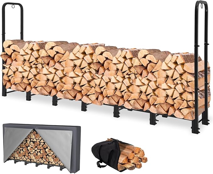 8FT Firewood Rack Outdoor with Cover, Heavy Duty Wood Holder with Log Carrier, Adjustable & Waterproof Log Holder Wood Storage Stand for Fireplace Patio Outdoor, Black