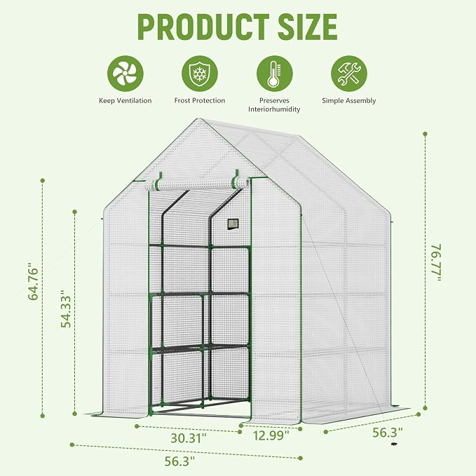Greenhouse for Outdoors, Portable Green House, Walk in Greenhouses with Durable PE Cover, 57 x 57 x 76 inch Greenhouse with Shelves Stands,White