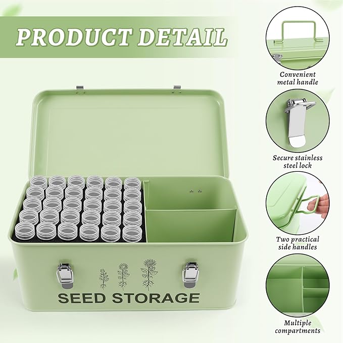60 Slots Seed Storage Organizer, Metal Seed Saving Box with Lid and Safety Locks, Seeds Storage Container with 60 Seeds Envelopes and 64 Label, 3 Compartments, Perfect for Flower Plants Garden