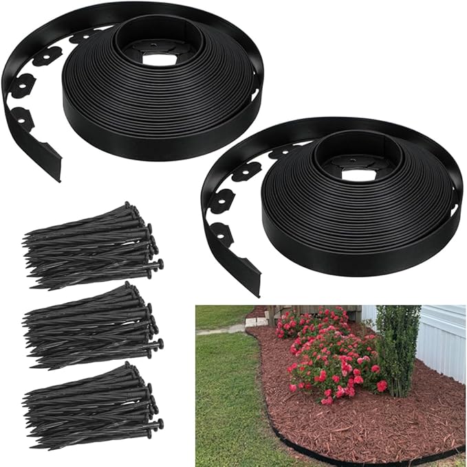 Garden Edging Borders 2IN x 98FT,Landscape Edging Black with 150pcs Plastic Stakes, Lawn Edging Flexible DIY Fence for Landscaping,Flower Bed,Grass,Gravel,Tree Surrounding