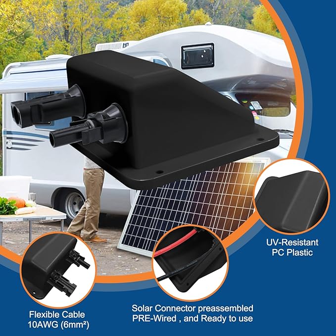 Solar Cable Entry Gland,10Ft 10AWG Black Soft Solar Extension Cable and Connector,UV Resistance Dual Cable Entry Gland Housing on Rv,Boat,Camper (3m, Black)