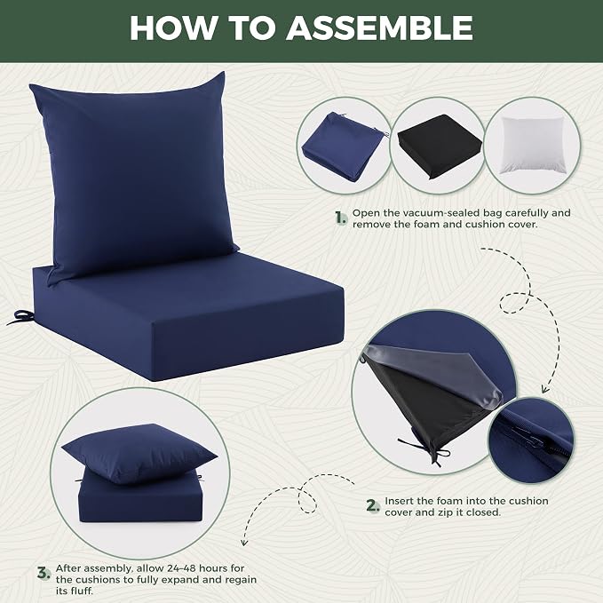 Outdoor Cushions for Patio Furniture, Outdoor Seat Cushion Set 24 x 24 x 5.75 in, Waterproof & Fade Resistant Outdoor Chair Cushions, Patio Cushion with Removable Cover, Set of 2, Navy Blue