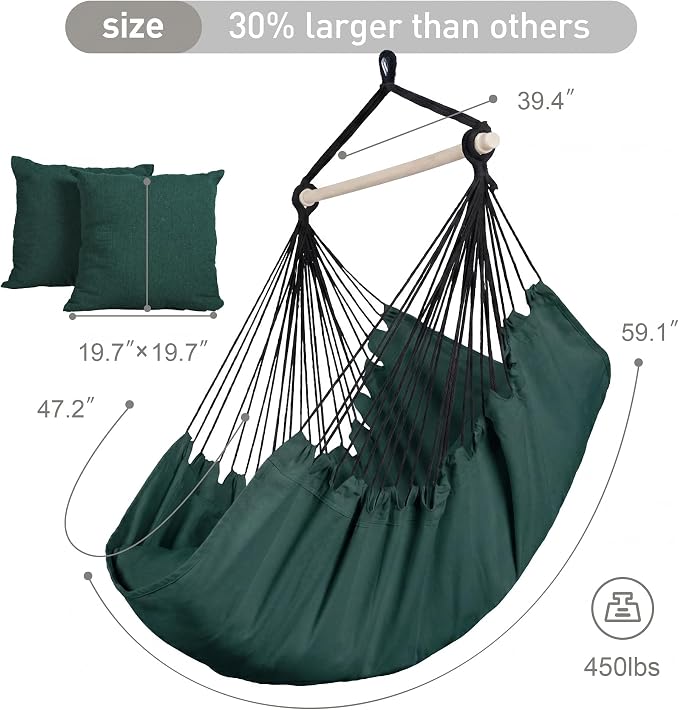 SUNCREAT Hammock Chair Hanging Rope Swing Seat-Max 450lbs Capacity, Extra Large Hanging Swing with Metal Support Bar, Side Pocket, Green