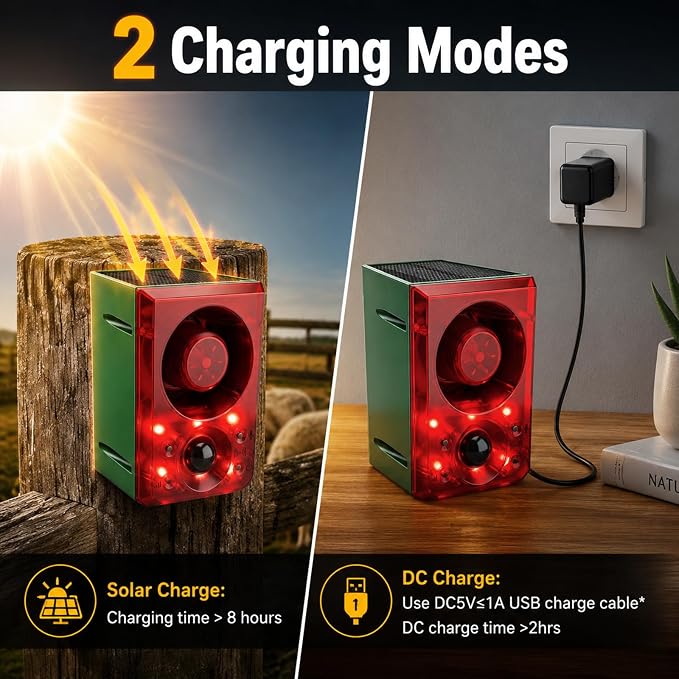 ChunHee Solar Outdoor Motion Sensor Alarm with Dog Barking Gunshot Sound, Support Recording and Adjustable Volume, 130db Loud Noise Maker 3 Work Modes Strobe Light for Home, Villa, Farm, Barn (2pack)