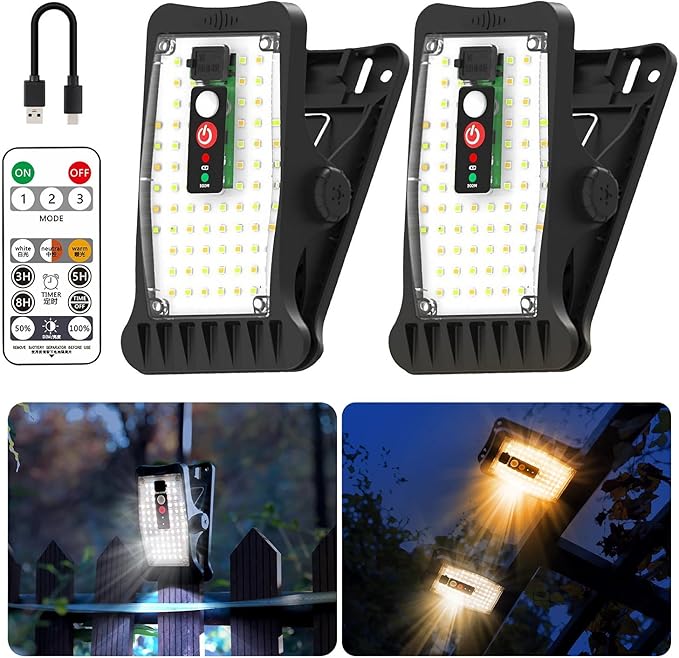 Clip-On Solar Motion Lights Outdoor Waterproof, 4 Pack (2 Pack 36 LEDs +2 Pack 70 LEDs) with Adjustable Color Temperatures, USB Charging & Remote Control, Perfect for Fence, Garage, Yard, Camping