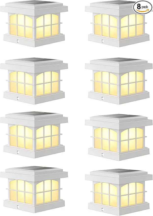 PARTPHONER RGBCW Solar Post Cap Lights 8-Pack, 9 Colors 3 Modes Fence Cap Lights, Bright Solar Outdoor Waterproof LED Deck Lighting for Fence Garden Deck Patio Porch Decor 4x4 Vinyl/Wood, White