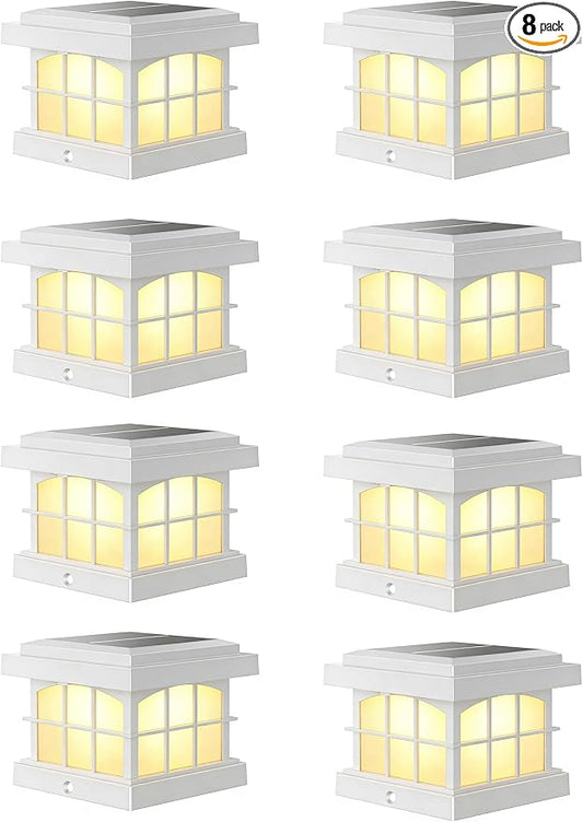 PARTPHONER RGBCW Solar Post Cap Lights 8-Pack, 9 Colors 3 Modes Fence Cap Lights, Bright Solar Outdoor Waterproof LED Deck Lighting for Fence Garden Deck Patio Porch Decor 4x4 Vinyl/Wood, White