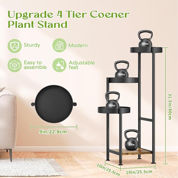 Oppro Plant Stand Indoor Outdoor Clearance, 4 Tier Tall Corner Metal Flower Pot Shelf Holder, Multiple Heavy Duty Plants Display Rack for Patio Orchid Office Porch Living Room Garden Balcony, Black