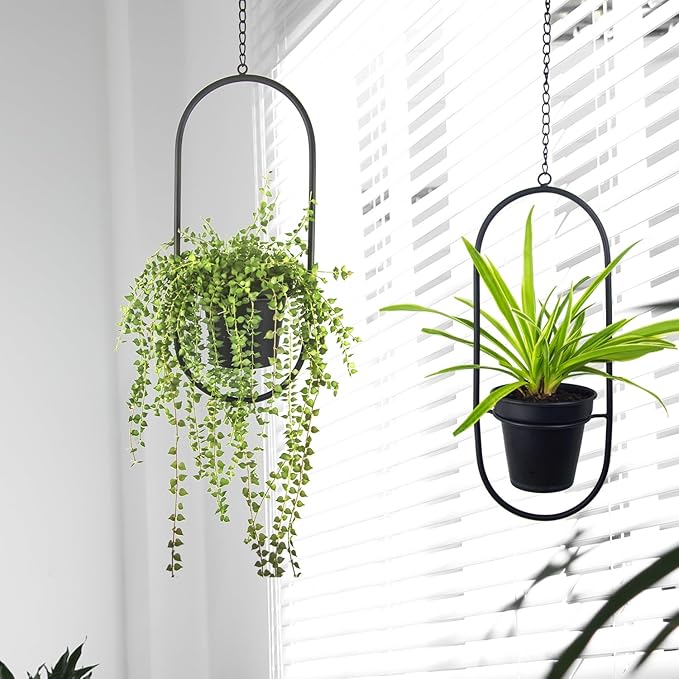 Modern Metal Hanging Planters with 5 Inch Pots - Set of 2 Oval Geometric Plant Hangers - Black Wall and Ceiling Mount Flower Holders for Indoor and Covered Outdoor Houseplants
