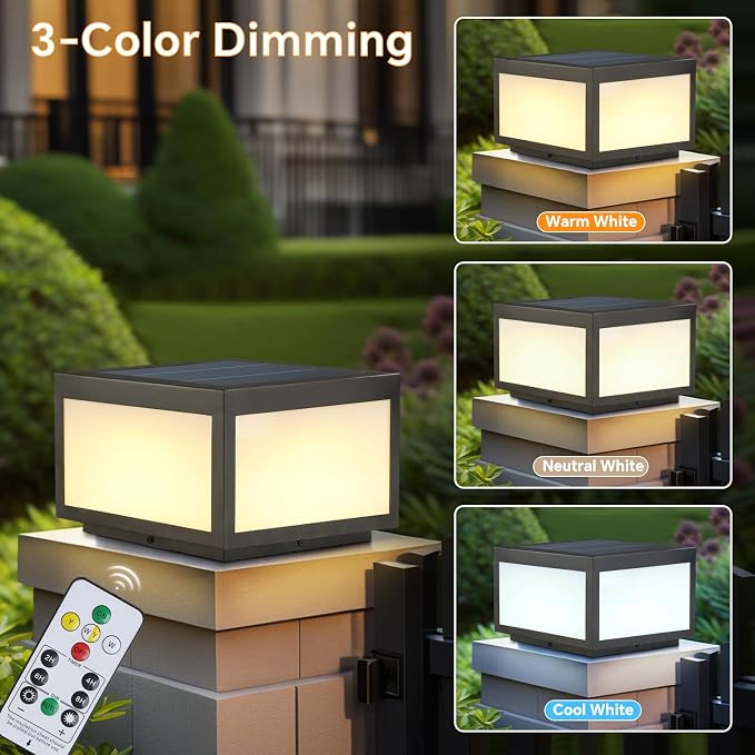 Solar Post Lights Outdoor Pillar Light,Solar Cap Column Lighting LED Square Deck Cap Lamp for Flat Surface Patio Garden Decoration, Stainless Steel Lamp Post Dusk to Dawn with IP65 Waterproof（10"x10"）