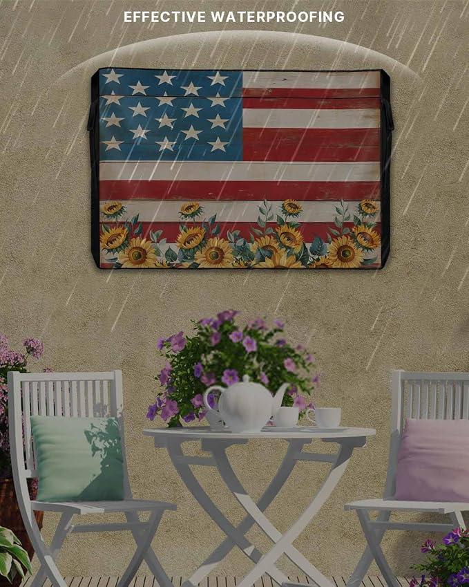 American Flag Outdoor TV Cover 30 to 32 Inch Weatherproof, Sunflowers Farmhouse 600D Oxford Cover With Waterproof Zipper, USA Flag Outside Flat Screen Protector Size 30"W x 19"H x 4.5"D