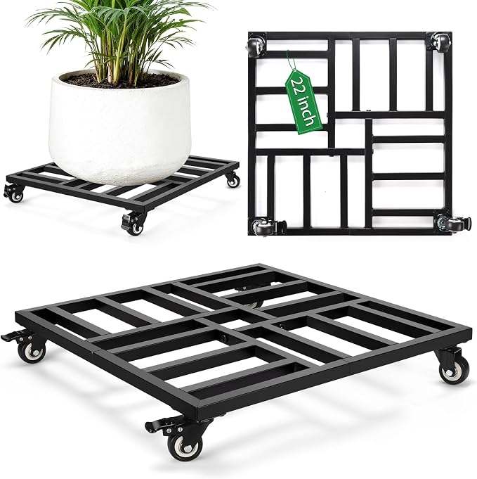 AugFir 22" Plant Caddy with Wheels Heavy Duty, 600lbs Rolling Metal Plant Stand, Square Plant Dolly with Lockable Caster Wheels for Large Planter Pots, Heavy Objects, Ideal for Indoor and Outdoor Use