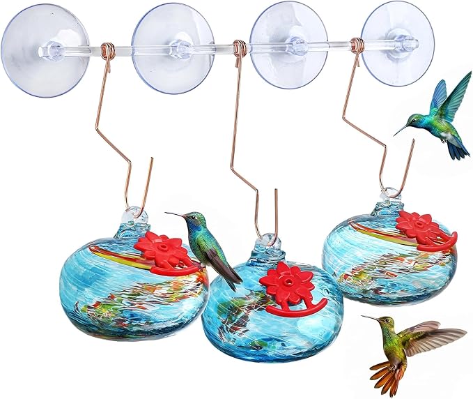 QFkris Set of 3 Blown Glass Hummingbird Feeder with Suction Cups for Window, Small Hummingbird Feeder with Flower Feeding Ports for Outside Garden Backyard Decor, Gifts for Women Mom(Blue)
