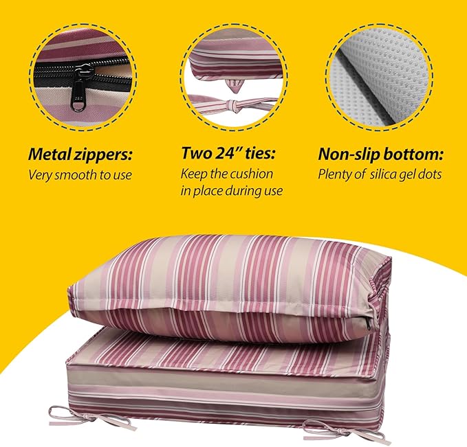 AAAAAcessories Outdoor Seat Cushions for Chairs, Fade-Resistant, Waterproof Patio Furniture Replacement Cushions, 25.5" x 25.5" x 5" + 25.5" x 13.5", Dusty Rose Garden Stripe