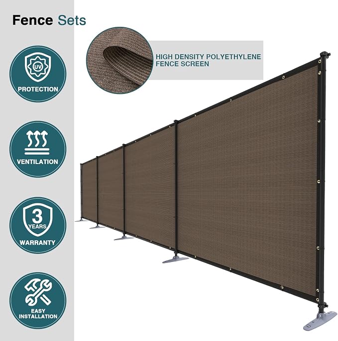 ECOOPTS 6'Hx133'L Privacy Fence Set with Poles and Rails Ground Spikes Fence Kit for Patio Garden Pool Yard (Brown)