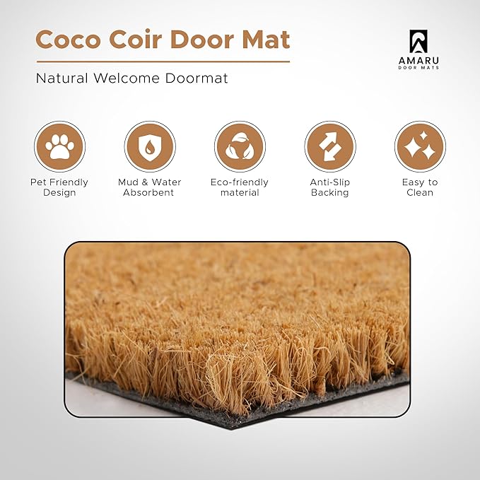 Home Heart - 17"x29" - Coir Door Mat with Heavy Duty Backing - Welcome Mats for Entryway, Porch - Anti-Slip PVC & Coconut Fiber Surface - Natural Home Accessories, Minimalist Original Design