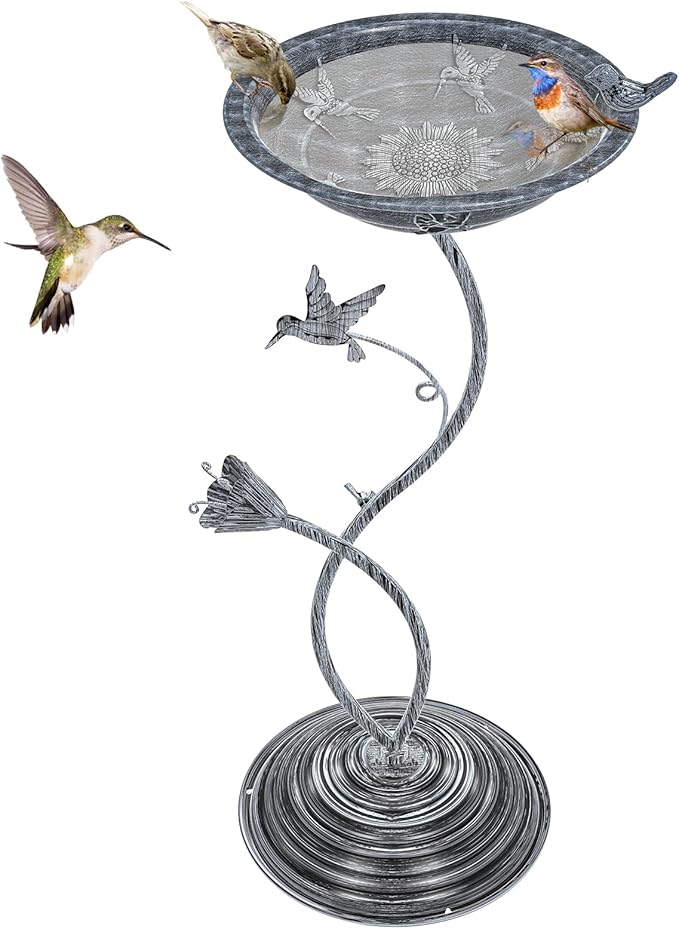 Bird Bath Garden for Outside, Vintage Metal Birdbaths Bowl with Roman Pedestal for Outdoors, Standing Bird Bath Bowl Birdfeeder for Yard Lawn Decor (Vintage Silver - Hummingbird)