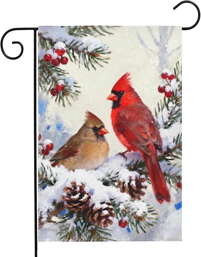 Winter Cardinal Garden Flag 12x18 Inch Pinecone Holly Christmas Snow Scene Holiday Decorative Yard Flags for Outside Double Sided Seasonal Outdoor Home Farmhouse Decoration Porch New Year Decor