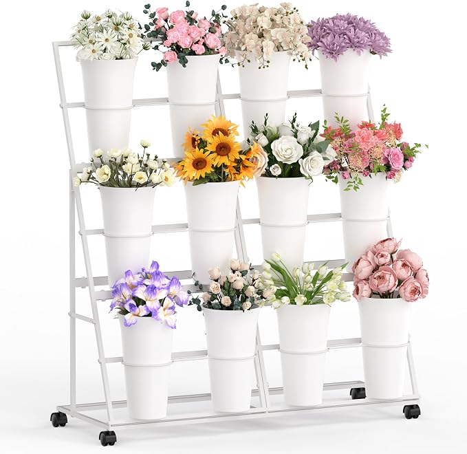 Invech Flower Display Stand with 12 Buckets and Wheels, 3 Tier Flower Cart Display Stand for Indoor Outdoor Garden, Wedding, Flower Shop (White)