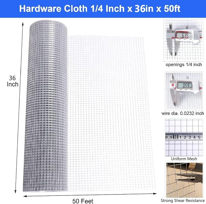 Hardware Cloth 1/4 in 36 x 50 ft Hot Dip Galvanized Rust Resistant Welded Wire Mesh,23AWG Square Chicken Wire Fence Garden Plants Fencing,Chicken Coop Rabbit Poultry Critters Metal Cage Roll
