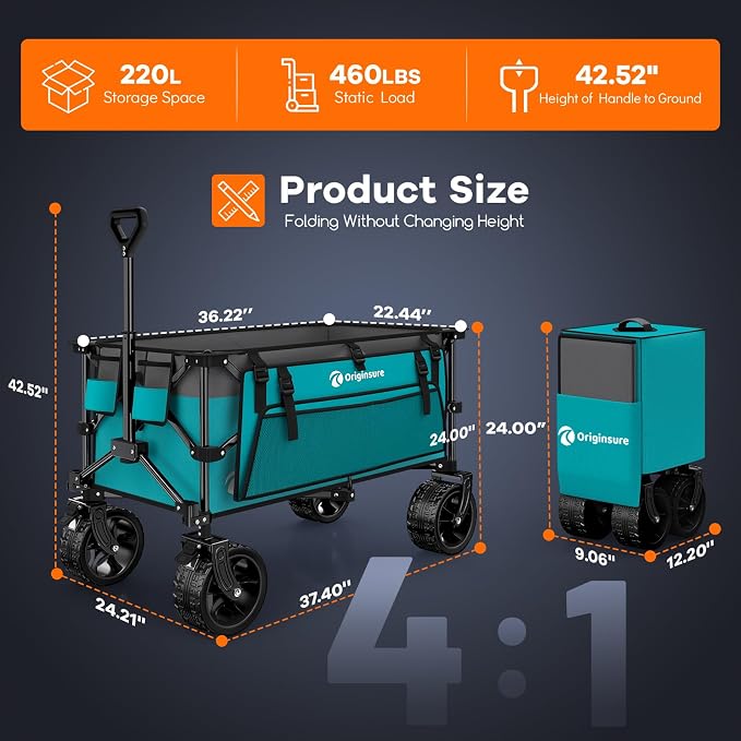Originsure 220L Collapsible Wagon Cart Foldable, 460lbs Load Capacity Heavy Duty Folding Beach Wagons with Big All-Terrain Wheels, Utility Carts for Groceries, Camping, Sports - Grey&Turquoise
