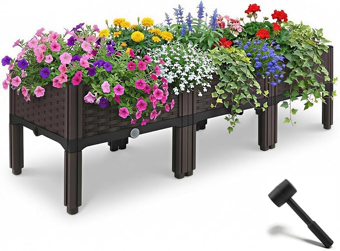 3Pcs Plastic Raised Garden Bed,46.8"×15.6"×14.4" Elevated Wicker Planter Box with Self-Watering System, Plants Garden Boxes with Legs for Growing Fresh Vegetables,Fruit,Flowers and Herbs