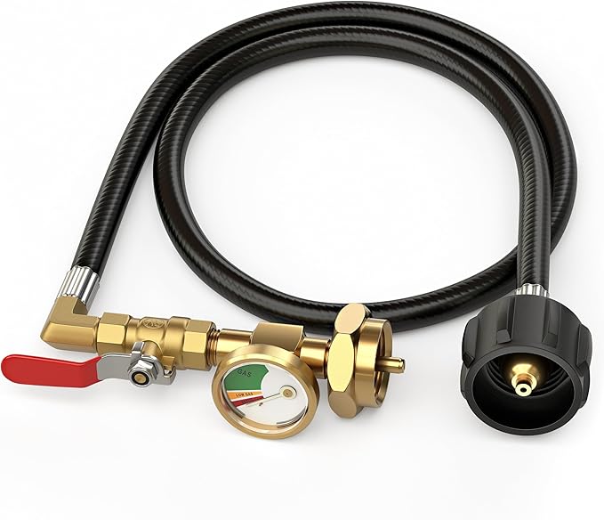 Propane Refill Adapter for 1 lb. Tanks, 3FT Hose with Pressure Gauge & Valve, Heavy-Duty Brass, QCC1/Type1 Connector, Safe Refilling from 20lb Cylinder for Camping