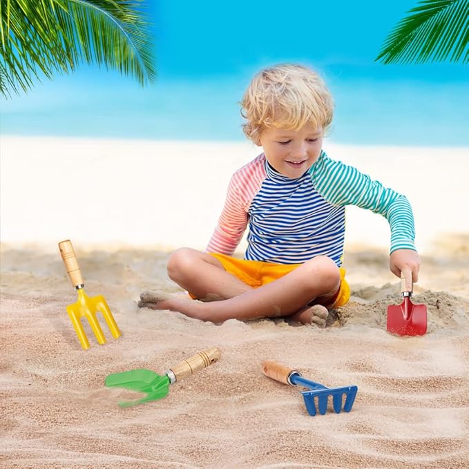 Anzmtosn Kids Metal Garden Tool Set Sand Toy, Rake, Spade, Hoe and Leaf Rake, Beach Shovels Scoop Toy, Essential Toddler Sandbox Kit Beach Gear Accessories Outdoor Gardening, 4 Pack