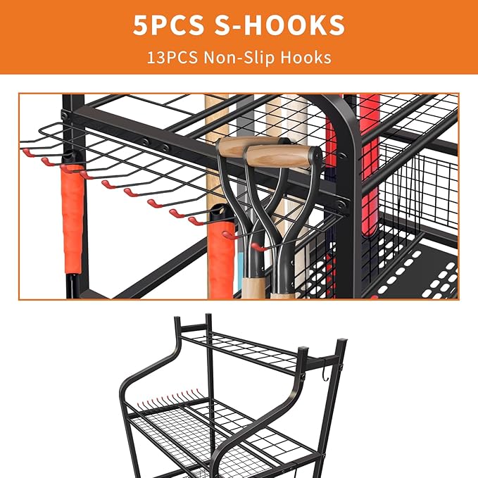 Garden Tool Organizer, Yard Tool Organizer with Wheels, Metal Yard Tools Storage, Heavy Duty Garden Tool Organizer for Garage, Partitioned Tool Organizer and Storage for Garage, Tool Stand, Outdoor