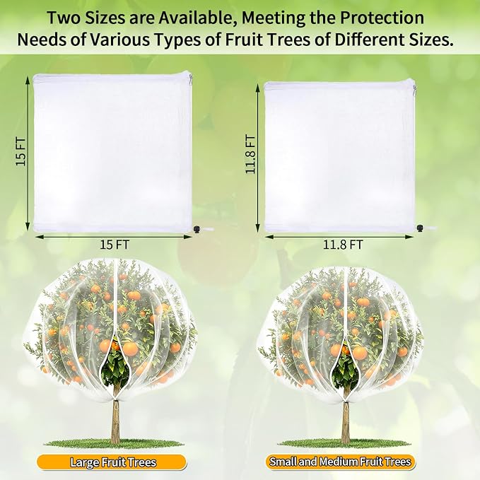 15×15FT Extra Large Fruit Tree Netting with Double Zipper and Drawstring, Durable Mesh Cover for Birds Squirrels Deer & Cicadas, Reusable Plant Protection Net for Garden Bushes