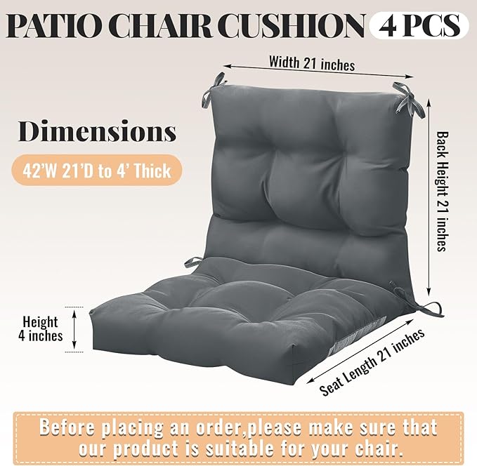 Marsui 4 Pcs Outdoor Indoor High Back Chair Cushions Patio Furniture Tufted Pillow with Ties Water-Resistant Replacement Outdoor Rocking Chair Cushions, 42 x 21 Inches (Dark Gray,Solid Color)