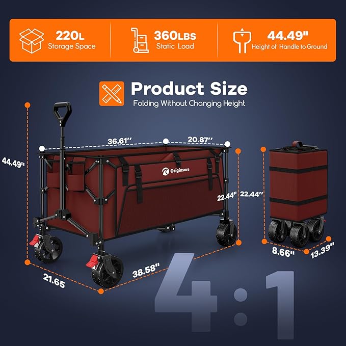 Originsure 220L Collapsible Wagon Cart Foldable, 38" L Extra Large Heavy Duty Folding Beach Wagons with All-Terrain Wheels, Utility Carts for Camping, Sports, Shopping, Groceries - Red