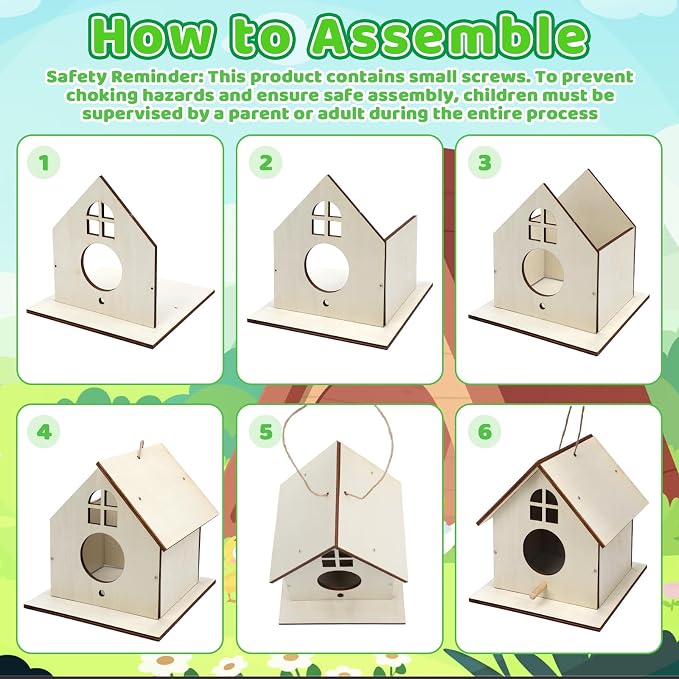 12 Pack Wooden DIY Birdhouse Kit for Kids Adults, Thickened Double-Layer Wood with Screwdrivers, Nails, Ropes, Easy Build & Paint Arts and Crafts Set for Backyard Garden Bird Watching