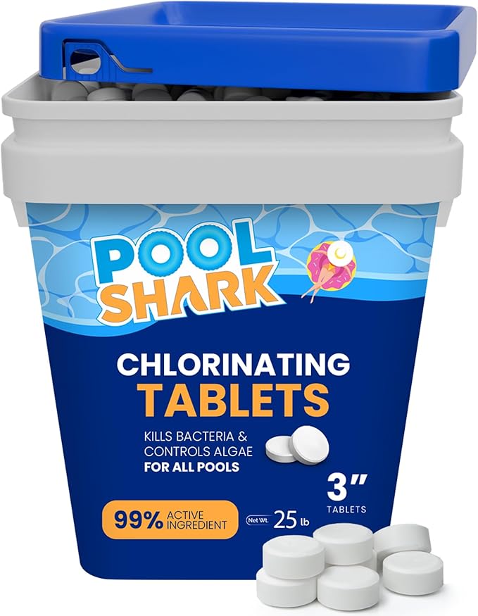 Pool Shark Swimming Pool Chlorine Tablets | 3-Inch Chlorine Tablets | 25 lbs | Slow-Dissolving 90% Active Chlorine Tabs | Pool Chemicals for Inground Pools, Above Ground Pools, Saltwater, Spa, Hot Tub