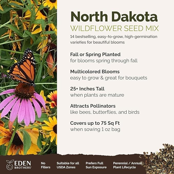 Eden Brothers North Dakota Wildflower Mixed Seeds for Planting, 1 oz, 30,000+ Seeds with Calendula, Sunflower | Attracts Pollinators, Plant in Spring or Fall, Zones
